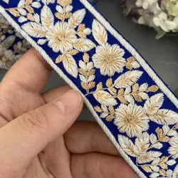 1 Yard 3.6cm Wide Blue Ethnic Style Embroidery Lace Ribbon Sewing Trims Clothing Gold Thread Sequin Hair Fabric Accessories
