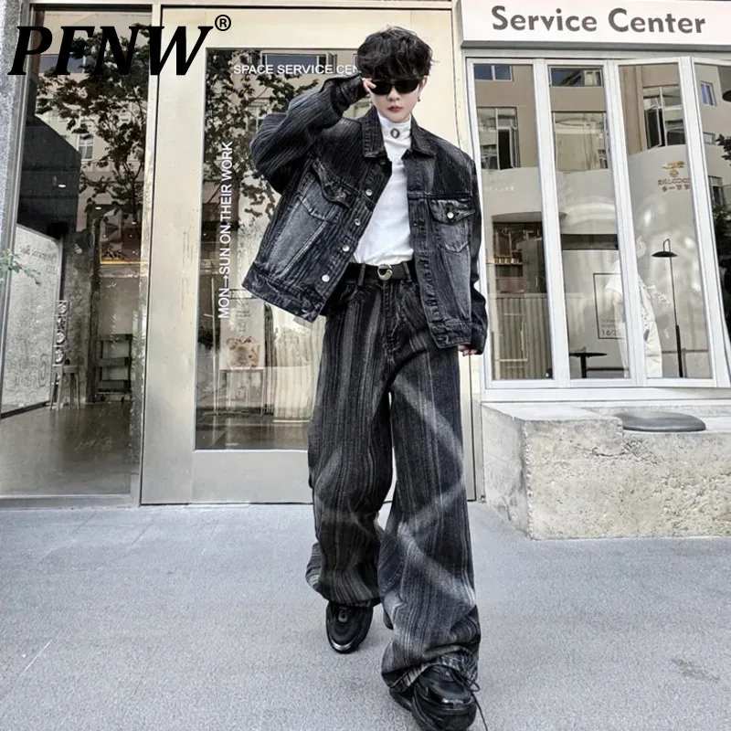 PFNW Two-piece Men's Paint Turn-down Collar Single Breasted Denim Jackets Loose Chic Straight Wide Leg Jeans High Street 9C7502