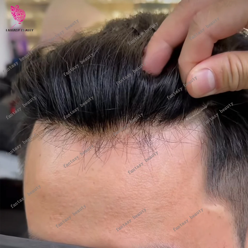 

Undetectable Dark Brown Black HumanHair Male Wig Durable 0.1mm Injection PU Base Gray 1b80 Mens Toupee Natural Hairline Hairpiec