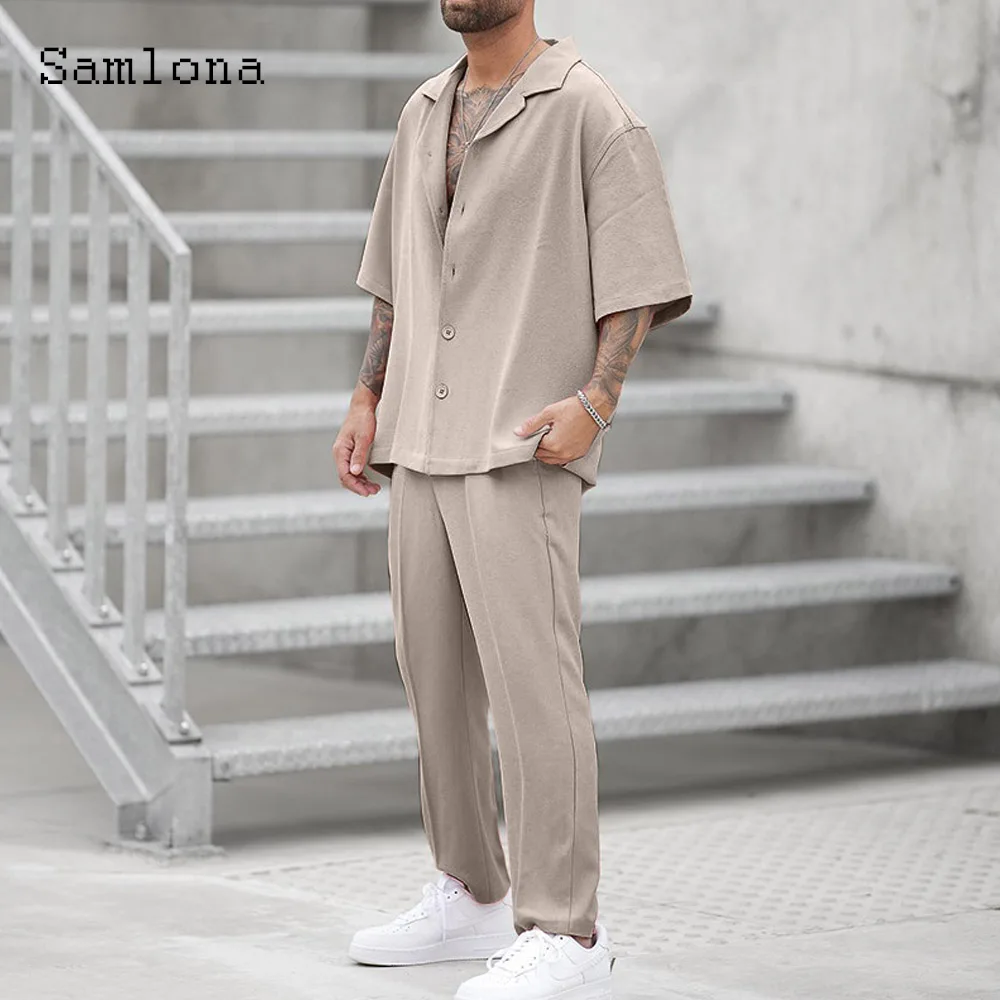 Samlona Plus Size Mens Casual Beach Tracksuit Sets 2024 European Style Two Piece Set Men Vintage Basic Tops and Solid Pants Suit