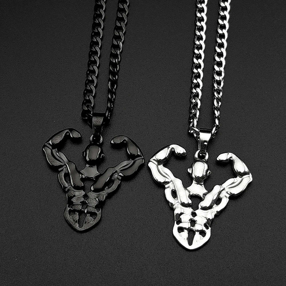 Edgy Muscle Skeleton Necklace Stainless Steel Cuban Chain Fitness Bodybuilder Charm Accessory Street Punk Gym Men Outfit Jewelry