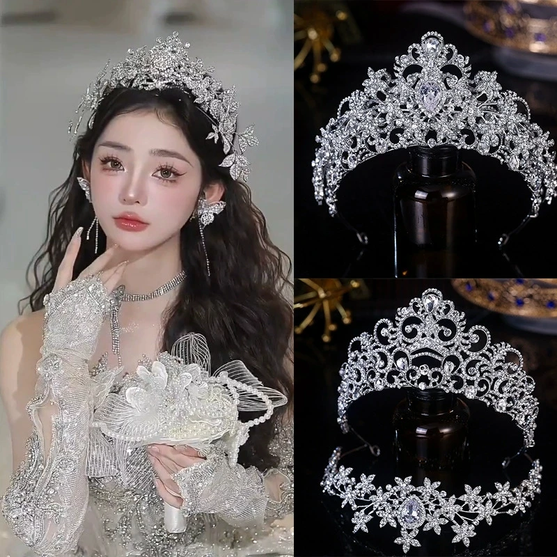 Fashionable Bride's Double-Layer 3D Layering Detachable Hair Crown Sparkling Rhinestone Flower Grand Female Accessory