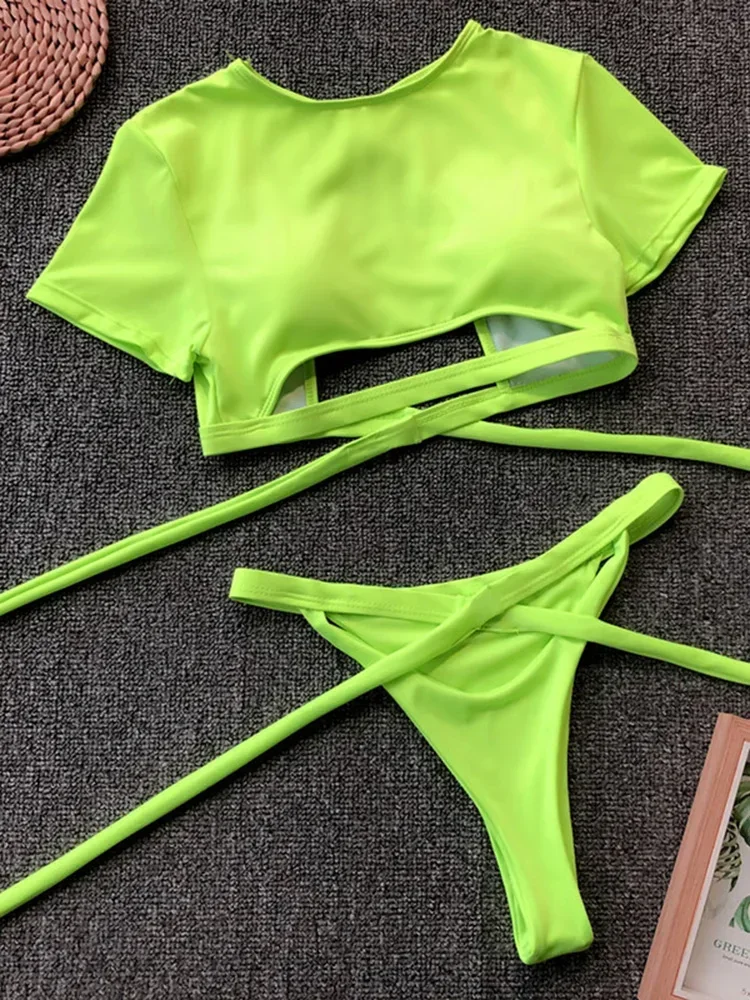 Neon Green Wrap Around Short Sleeve Bikini Women Swimsuit Female Thong Swimwear Two Pieces Bikini Set High Cut Bathing Suit Swim