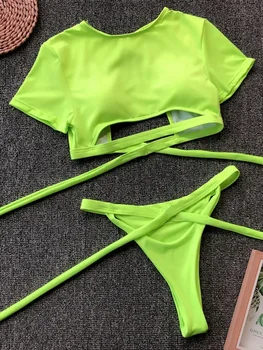 Bikini de manga corta para mujer, traje de baño de dos piezas con Tanga, color verde neón, corte alto