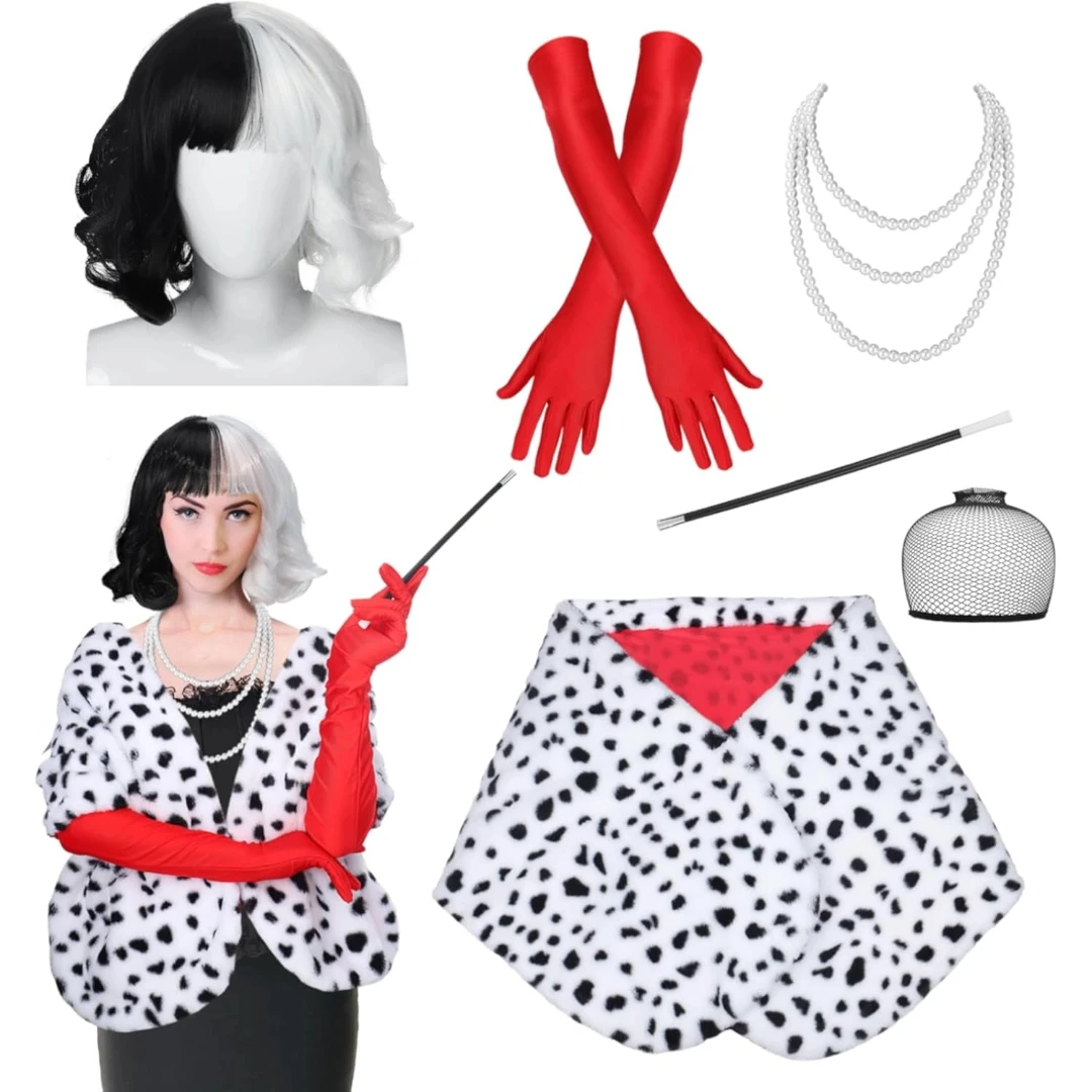 Halloween Costumes for Women - Black and White Wig with Shawl Scarf, Red Gloves, Faux Pearl Necklace, Long Holder, and Wig Cap