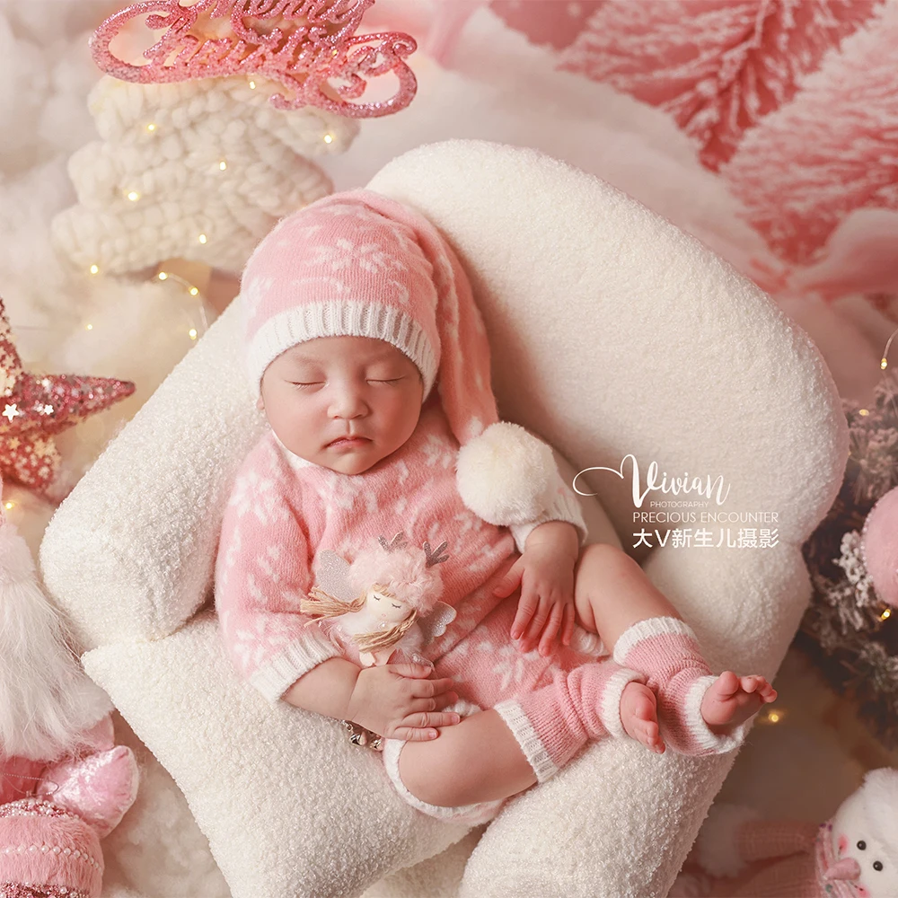 Set Alat Peraga Fotografi Bayi Baru Lahir Natal Merah Muda Kostum Bayi Rajutan Boneka Santa Alat Peraga Dekorasi Pohon Natal untuk Pemotretan Studio Foto Bayi