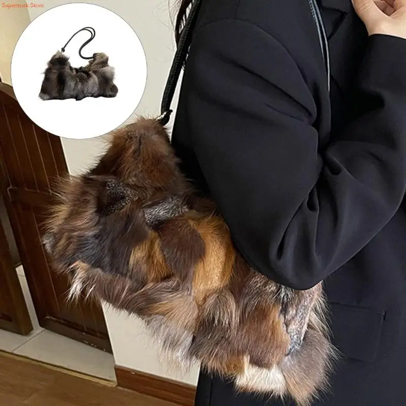 Q5WE luksusowa torba na ramię ze sztucznego futra dla kobiet stylowa, patchworkowa torebka pachami z wygodnym paskiem do