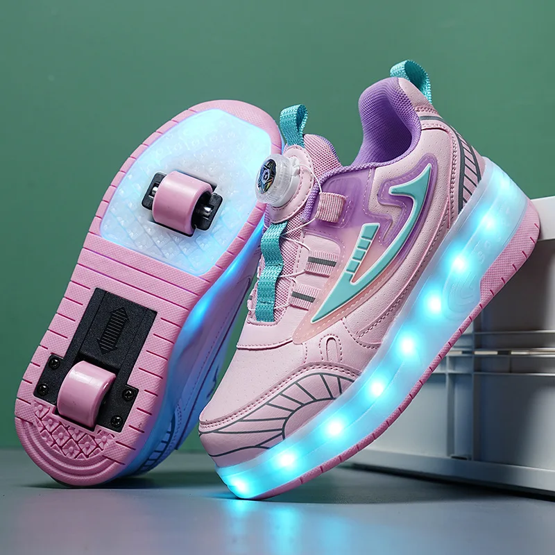 

LED Children Two Wheels Shoes Invisible Button Roller Skate Shoes Girl's Flying Sneakers Kids Casual Sneakers With Light