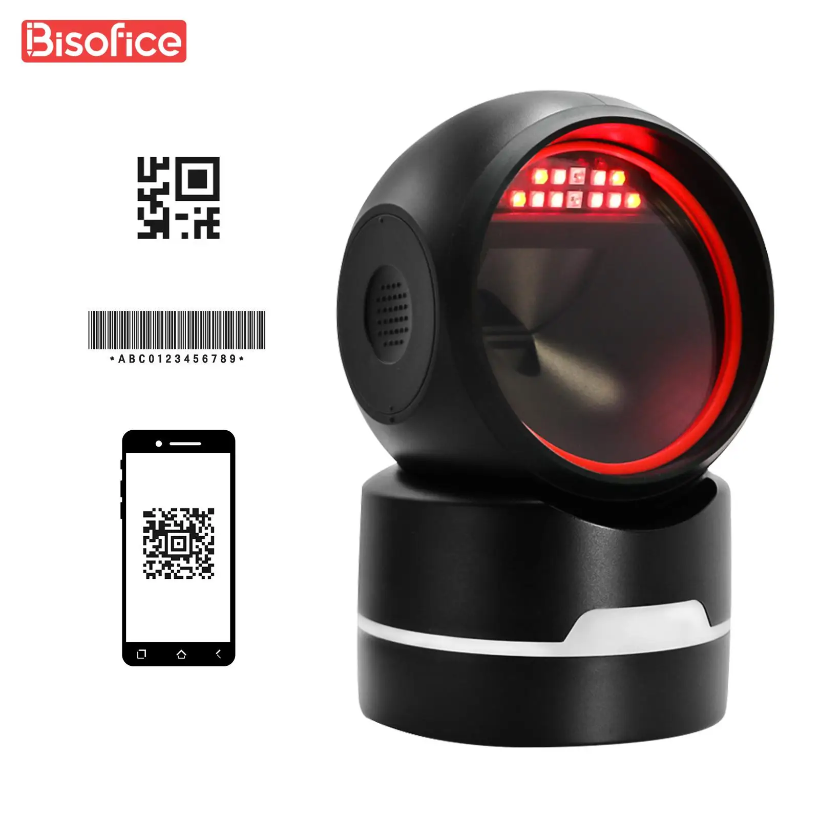 BISOFICE 1D 2D QR Desktop Wired Barcode Scanner Platform Hands-Free Automatic Sense Reader USB Port CMOS Sensor