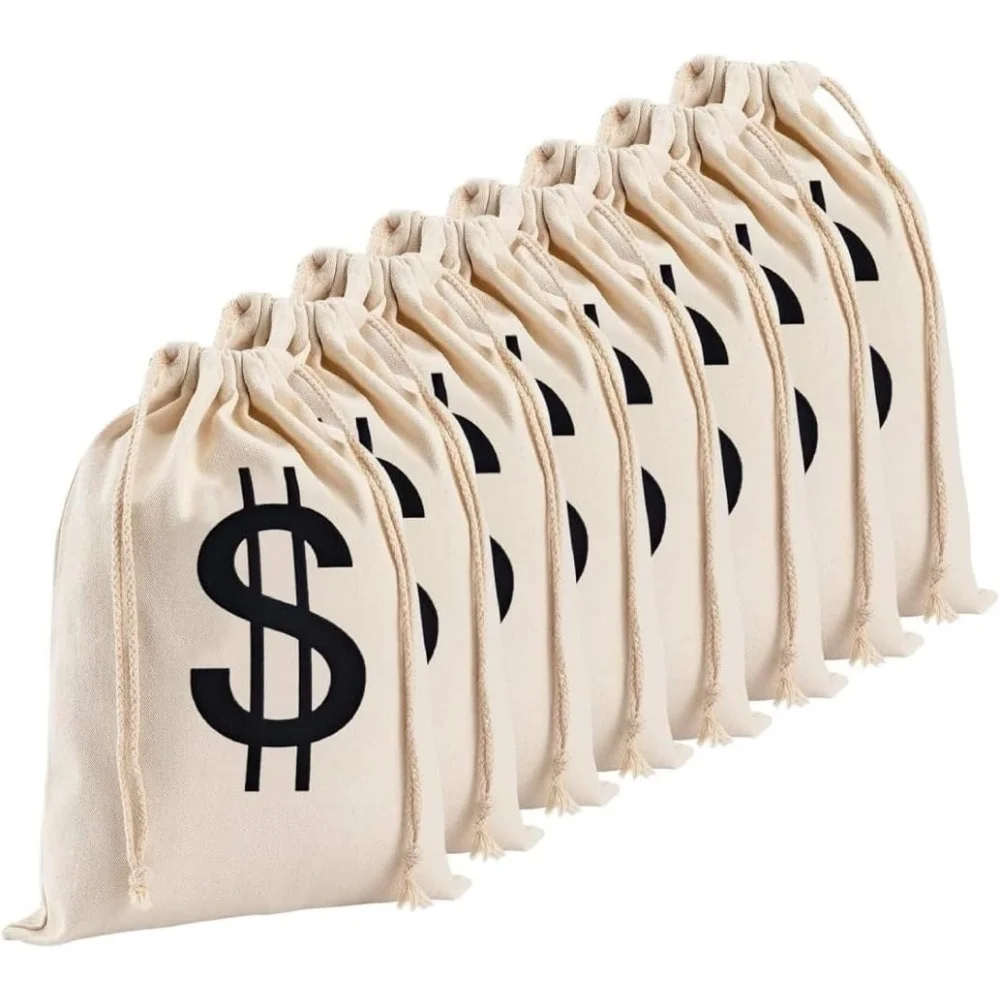 Paquete de 20 bolsas pequeñas de lino para dinero, 6,3X9 pulgadas, con cordón de signo de dólar, sacos de utilería de Halloween para fiesta de cosplay