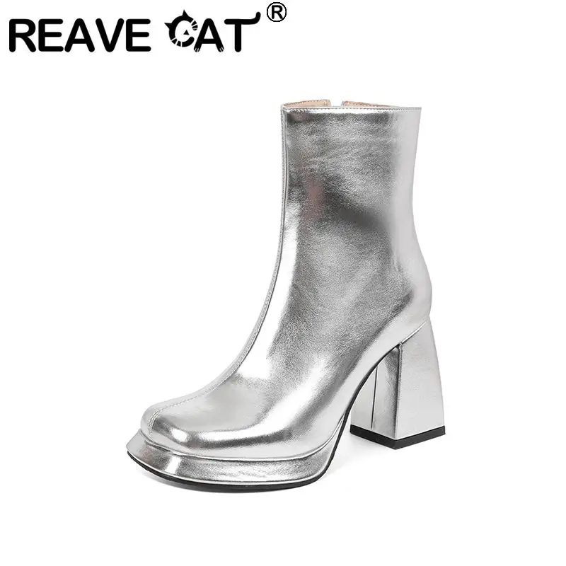 REAVE CAT Gold Women's Ankle Boots Square Toe 9cm Chunky Heel Zipper Small Big Size 32 33 44 45 46 Sexy Dating Short Botas Shoes