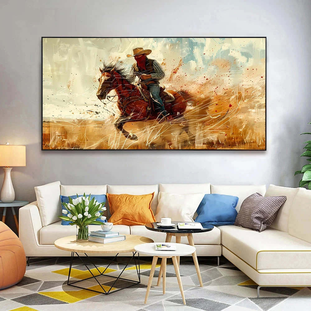 Modern Textured Cowboy Print Canvas Painting,Cowboy Riding A Horse Figure Poster Wall Art,For Living Room Bedroom Decor,No Frame