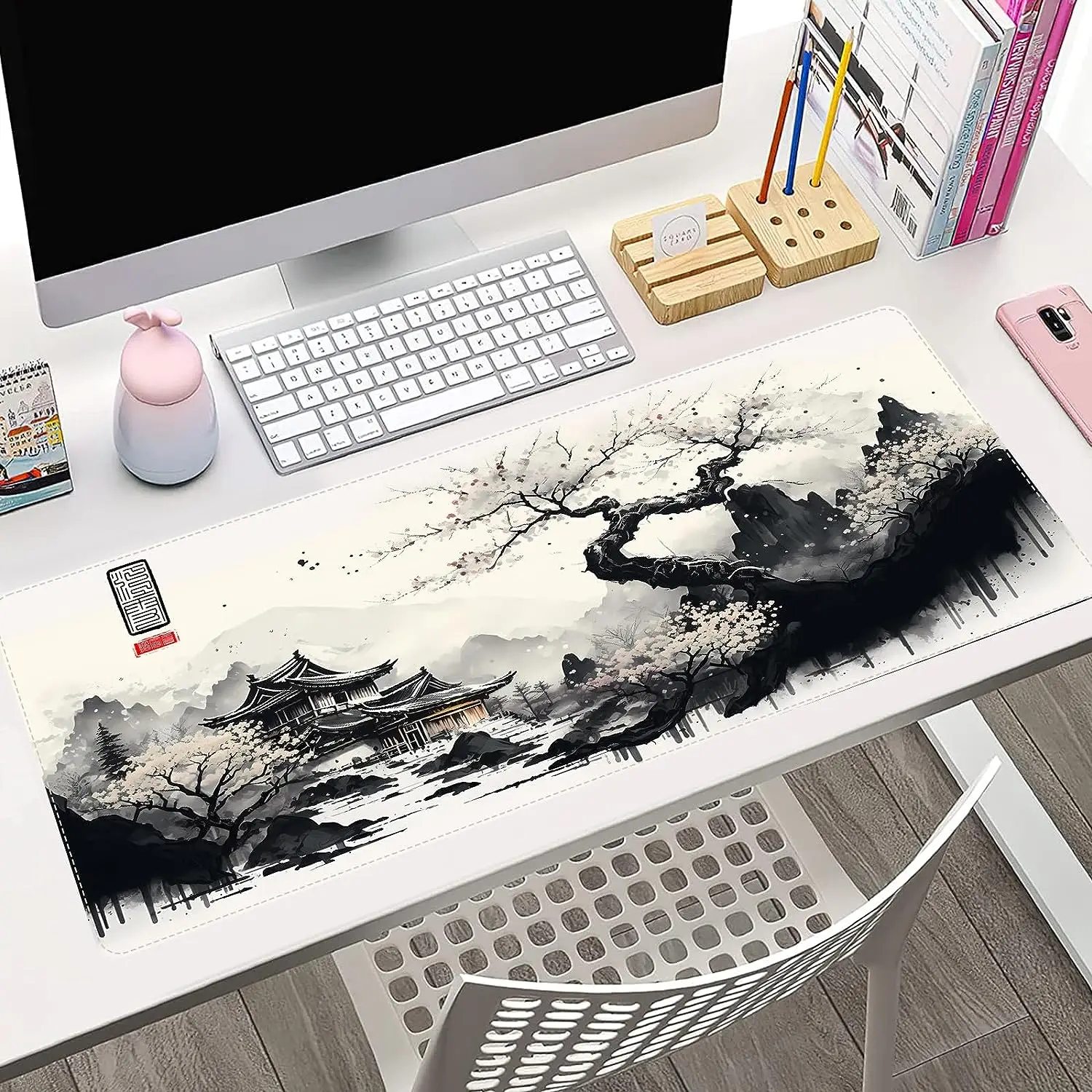 Asiatische Tinte Malerei Gaming Mauspad rutsch feste Gummi Mauspad mit genähten Kanten wasserdichte Maus matte für Büro 31.5 "x 11.8"