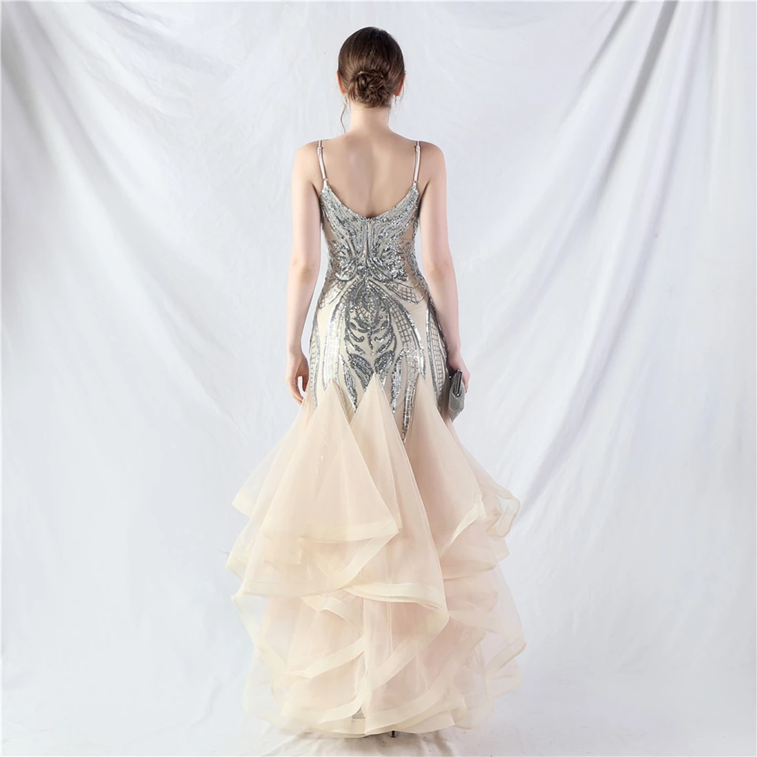 Shimmering Floor-Length Prom Dress with Sequin Embellishment and Mesh Overlay Customized