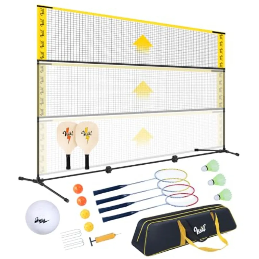 

3-in-1 Portable Badminton, Volleyball and Pickleball Net Set for Adults, Adjustable Height 34" 7 Feet for Backyards or Beach, O