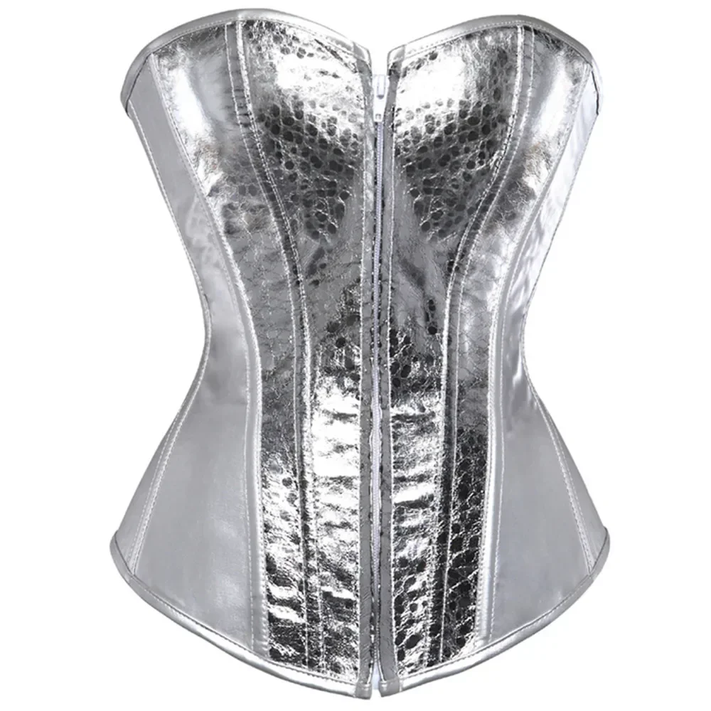 Silver Leather Corset Tops Women Gothic Punk Bustier Overbust Bustier