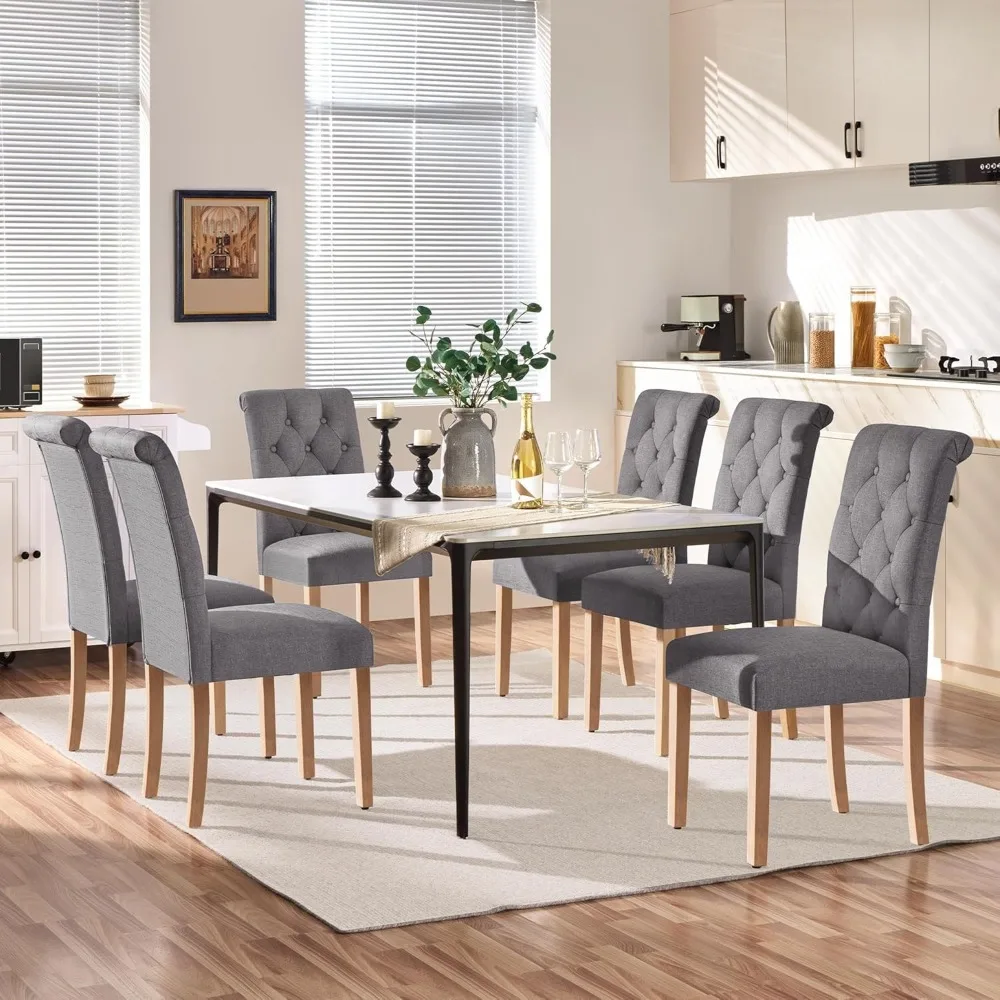 

Dining Chairs Set of 6 Fabric Upholstered Dining Room Chairs with Button Tufted High Back and Solid Wood Legs