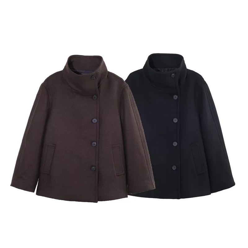 

Women's Coat 2026 Spring New Solid Color Long Sleeve Single-Breasted High Neck Simple Short Coat Casual Fashion