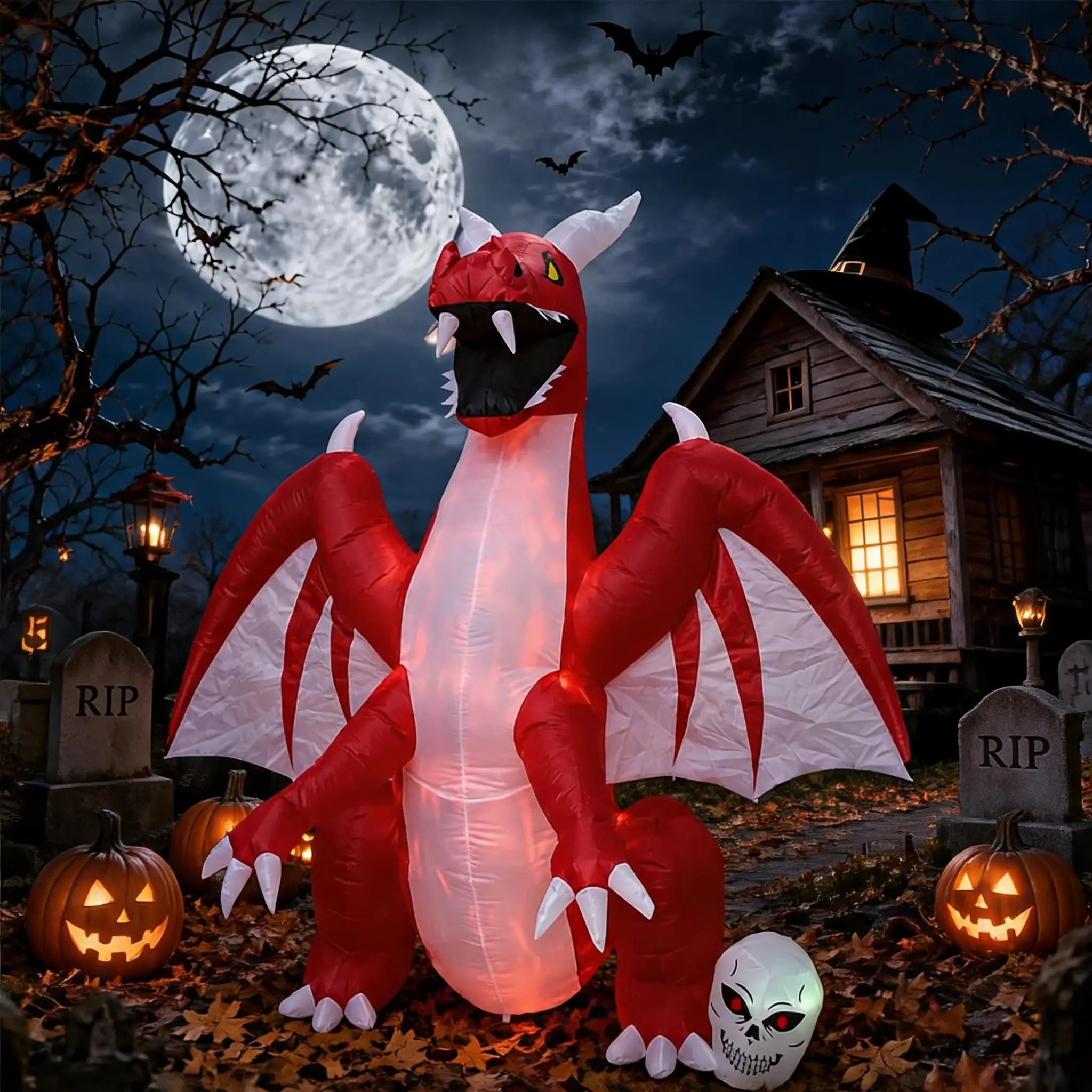 8FT Halloween Inflatable Dragon with Bone - LED Light-Up Blow Up Yard Ornament for Spooky House Outdoor Decoration - Includes 1.0A Fan & 1500mA Transformer Height:240CM