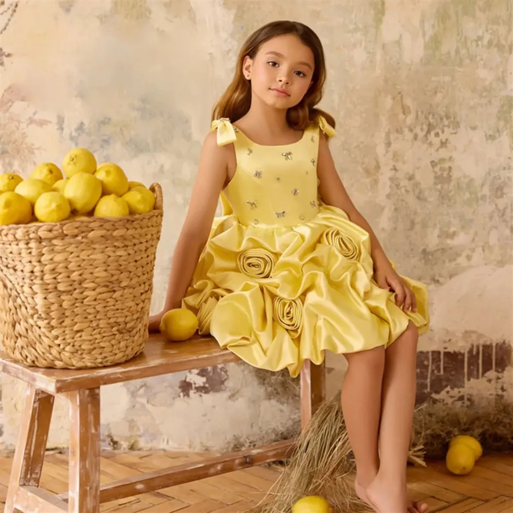 

Customized Satin Flower Girl Wedding Dress Sleeveless with Bow Beaded Children Birthday Holiday Party Pageant Festival Ball Gown