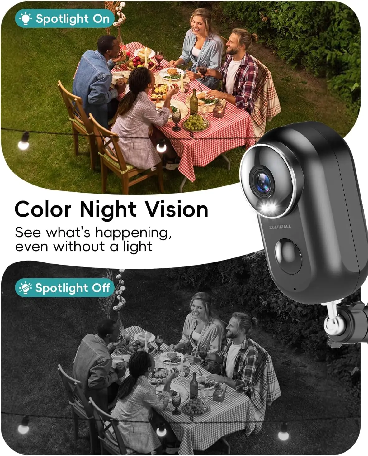 ZUMIMALL Security Cameras Wireless Outdoor with Magnetic Mount,Battery Powered, 2.4G WiFi Indoor,3MP Color Night Vision/Siren