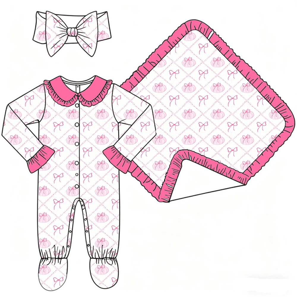 Boutique Girls' Blanket and Romper Lapel Ruffle Buttons Love Pocket Binding Feet Halloween and Thanksgiving Series Print Custom