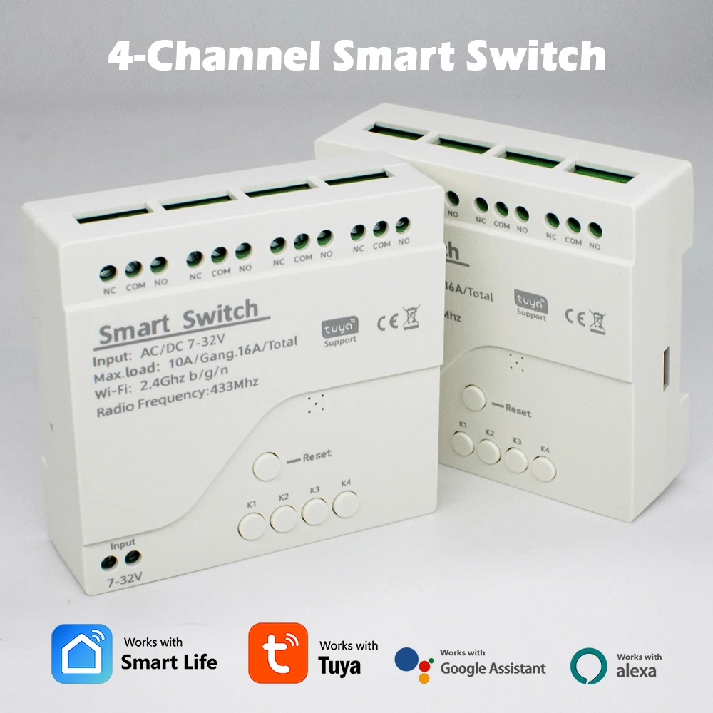Tuya Smart Four Relay With Case, 4 Channel Home Automation Wireless Wifi Switch Module, Dry Contact RF433 Receiver Alexa Work