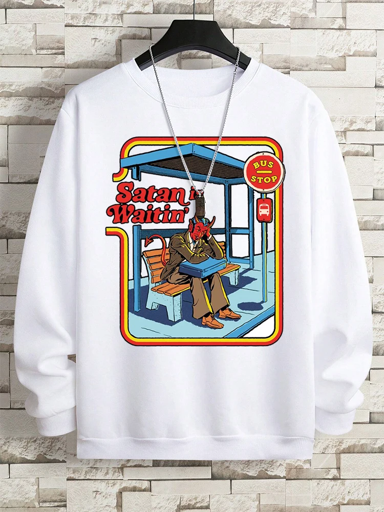 Satan Is Waitin Bus Funny Comics Sweatshirt Mens Cartoons Hip Hop Hoodie O-Neck Streetwear Autumn Fleece Long Sleeves Couple