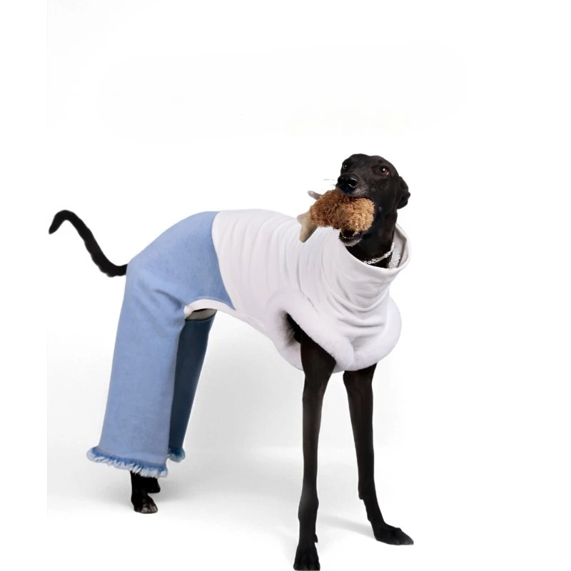Autumn Winter White Turtleneck Suede Vest Splicing Blue  Jeans Trendy Fashion Onesie Pet Dog Clothing Whippet Italian Greyhound view 4