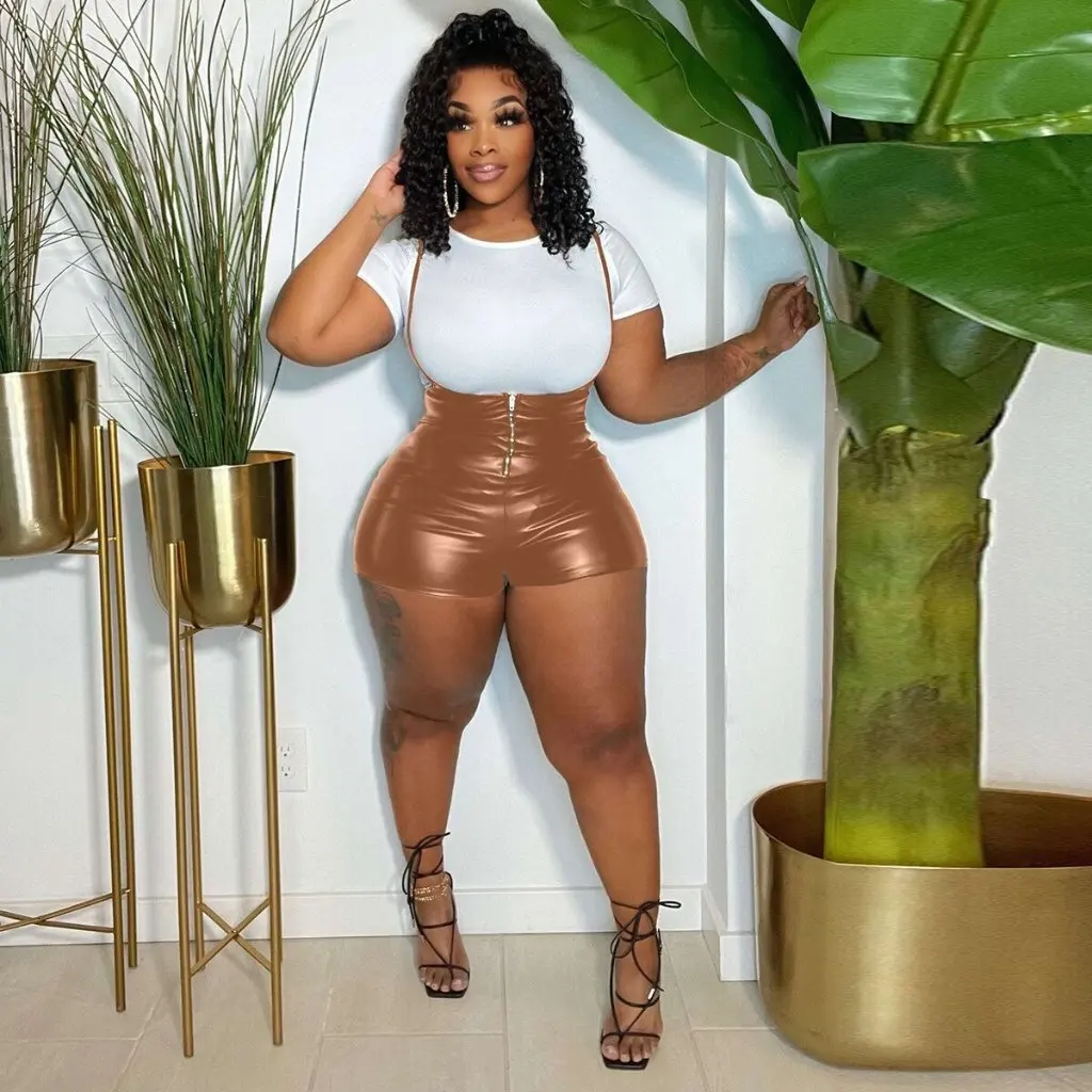 

Y1808 Эластичный комбинезон из искусственной кожи на подтяжках, футболка с короткими рукавами, комплект из двух предметов, женская мода в европейском и американском стиле