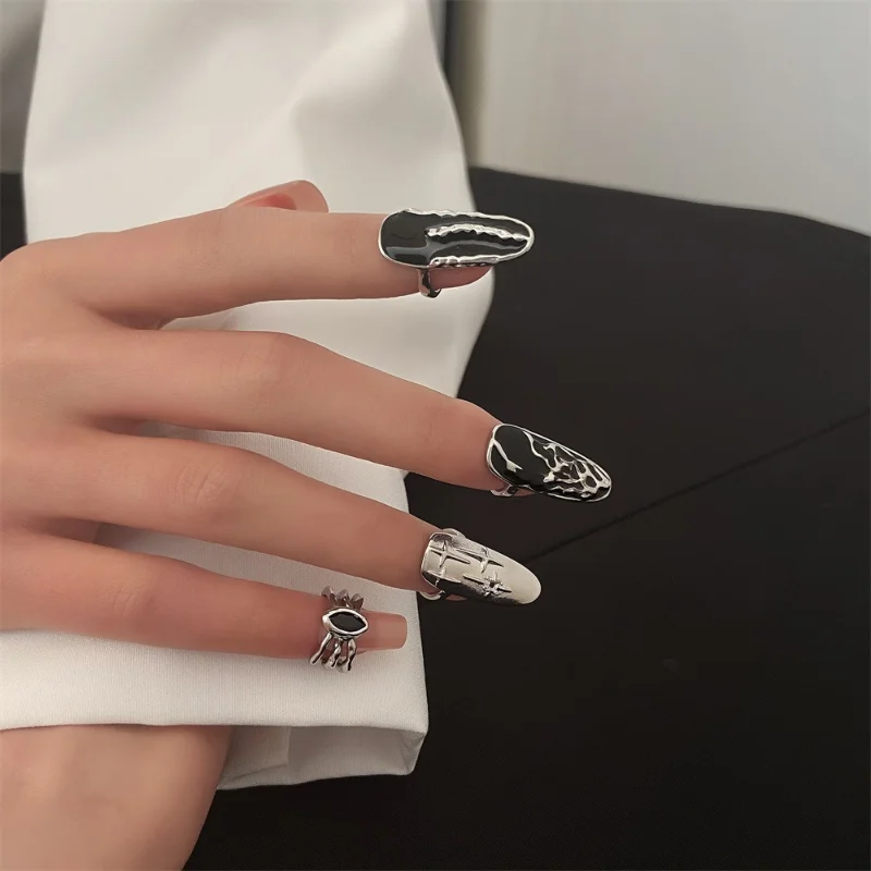 WANZHI 2023 New Silver Plated Inlay Zircon Open Nail Ring Set Punk Creative Manicure Joint Rings for Women Trend Party Jewelry