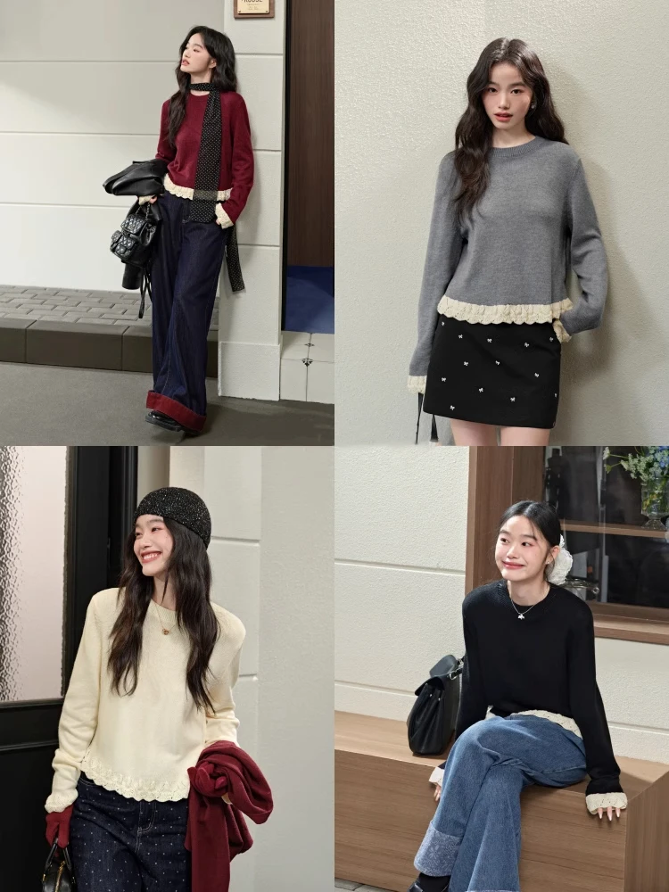 Red Knitted Fake Two-Piece Sweater Women's Spring Autumn New Sle Bla Hollow Lace Inner Wear Slimming Base irt Top