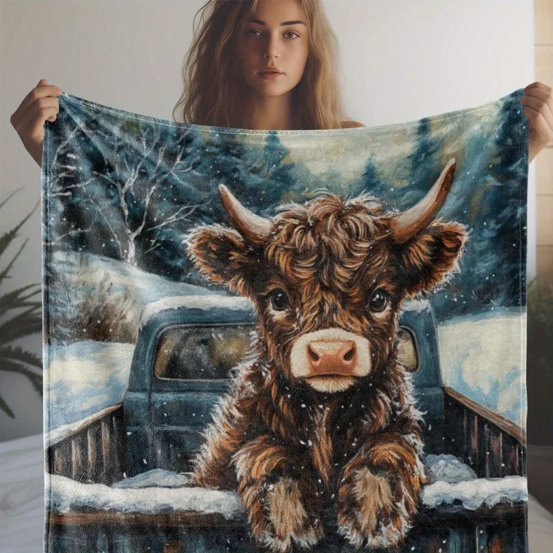 Offene 1-Flanelldecke, Kalb und Zedernholz, 2D-Druck, Winterüberwurf – warm, bequem, weich, für Sofa, Bett, Auto, Büro, Camping, Reisen, Geschenk
