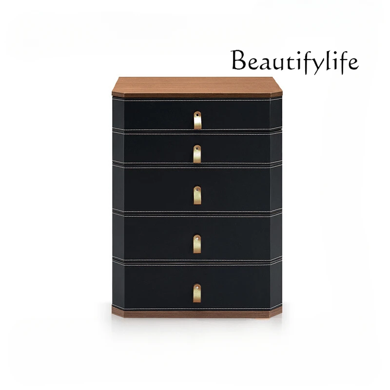 Italian Minimalist Saddle Leather Chest of Drawers European Room Light Luxury Chest of Drawer North America Walnut Locker