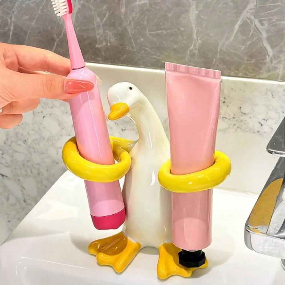 Duck-Shaped Electric Toothbrush Holder 2 Slot Ceramic Toothpaste Toothbrush Rack Waterproof Portable Makeup Brush Shelf Gift