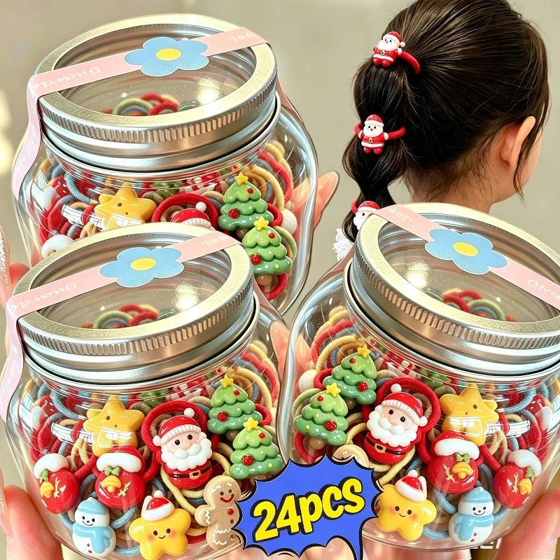 2/24Pcs Resin Christmas Hair Rope Ponytail Holder New Year Festive Xmas Hair Ties for Children Cartoon Elastic Hair Accessories