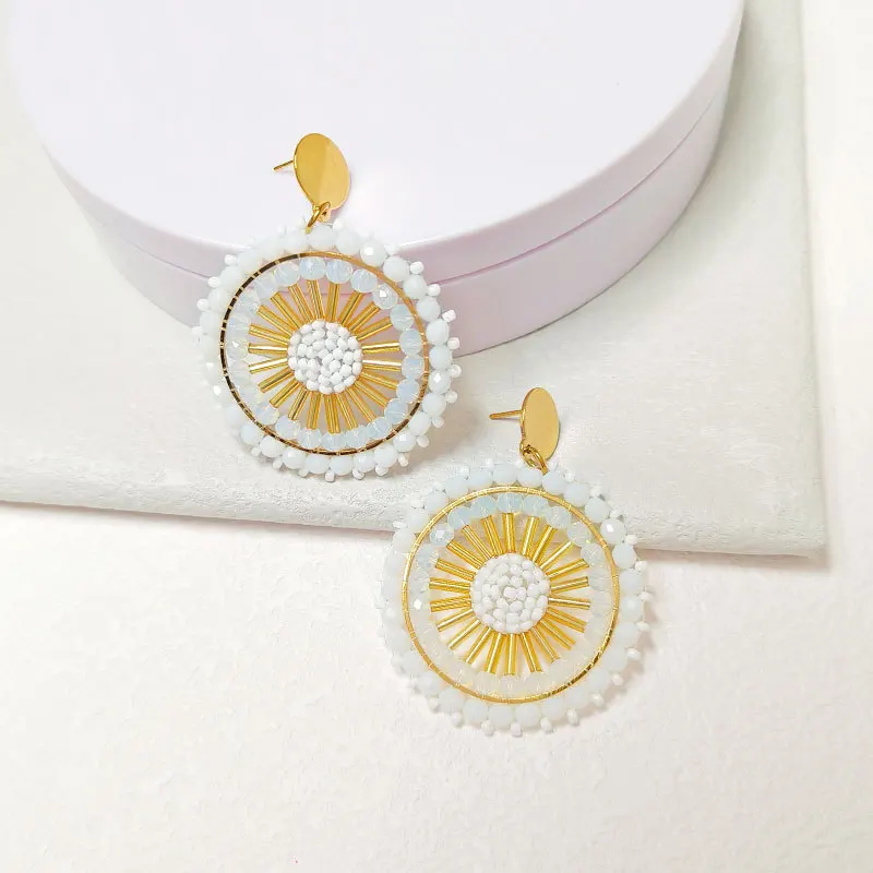 Rice bead earrings Circle Sunflower White. Long pipe Originality Hand knitting Bohemia Fashion Simple Crystal  Beaded earrings