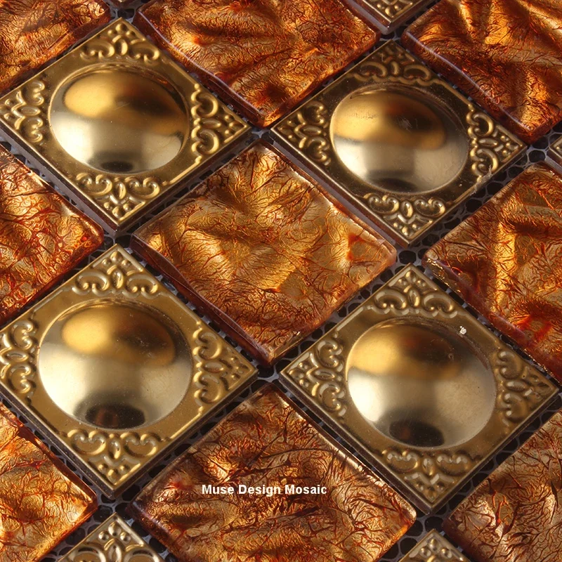 

Цветок Золото Металл смешанная Золотая фольга Хрустальное стекло Мозаичная плитка для внутреннего камина Поясная линия уличной настенной плитки декоративная плитка