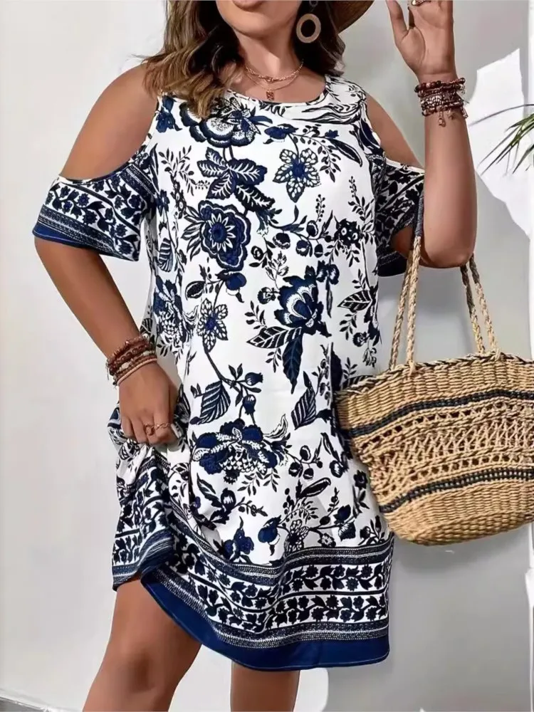 Vestido corto con estampado Floral para mujer, minivestido holgado con volantes, hombros descubiertos, talla grande, Verano