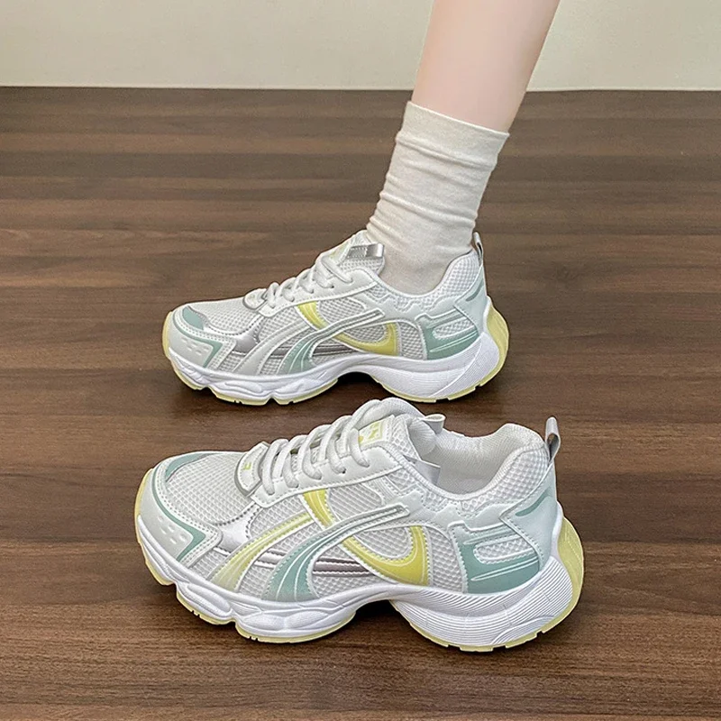 

Platform Clunky Sneakers Women's Knitted Mesh Leather Splicing sneakers Shoes Female Height-increasing Thick-soled Casual Shoes