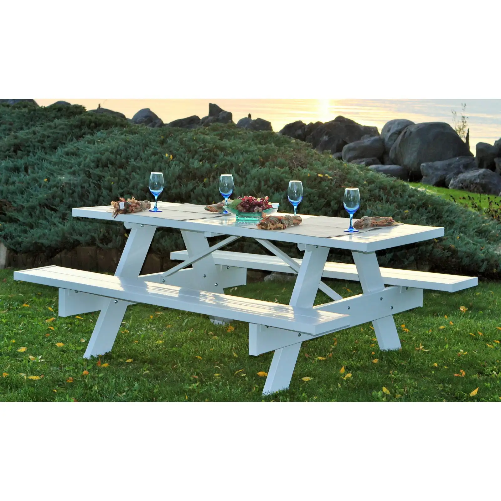 6' Traditional White Vinyl Picnic Table for Added Stability and Strength, The Benches Are Reinforced with Wood Inserts