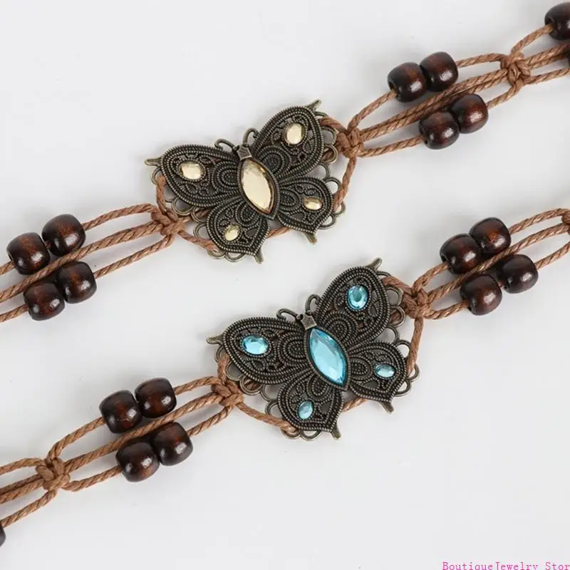 E1PE Women Bohemian Waist Belt Rope Chain with Tassel and Beads Retro Cotton Rope Braided Waist Belt for Casual Dress