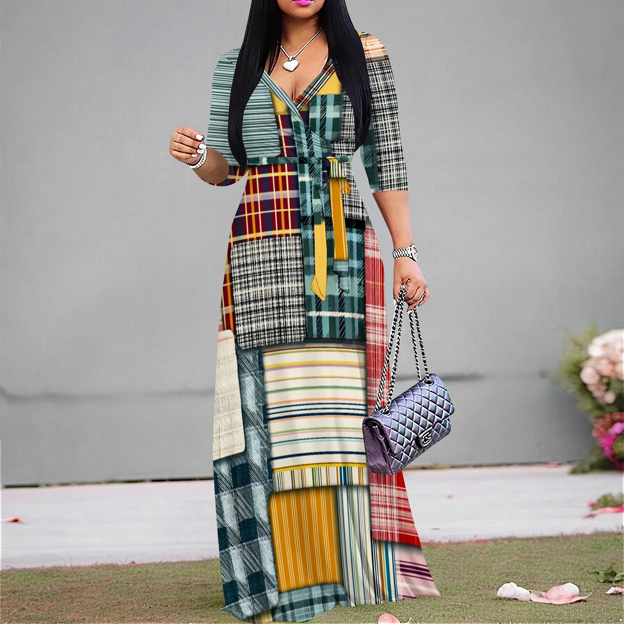 

Retro Plaid Patchwork Maxi Dress XS-3XL Plus Size V-Neck Tie Waist Long Sleeve Fall Outfit for Cultural Event & City Walk 2025
