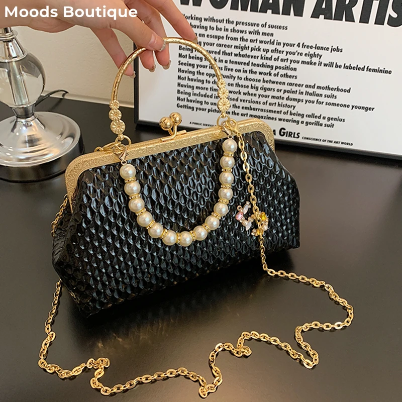 MOODS Branded Evening Clutch Bag For Women Luxury Designer Purse And Handbag Pearl Chain Shoulder Crossbody Bag For Dinner Party