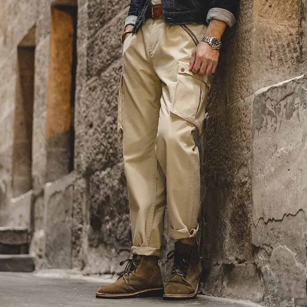 Maden Vintage Khaki Cargo Pants for Men's Mid Waist Straight Leg Casual Pants Multi-pockets Utility Trousers for Spring and Fall