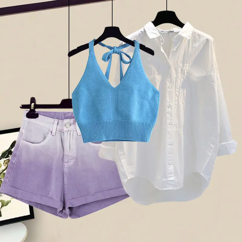Camisa coreana com protetor solar e shorts jeans femininos, blusa fina, conjunto de 2 peças, vilões, conjuntos de saias, moda verão, novo, 2023