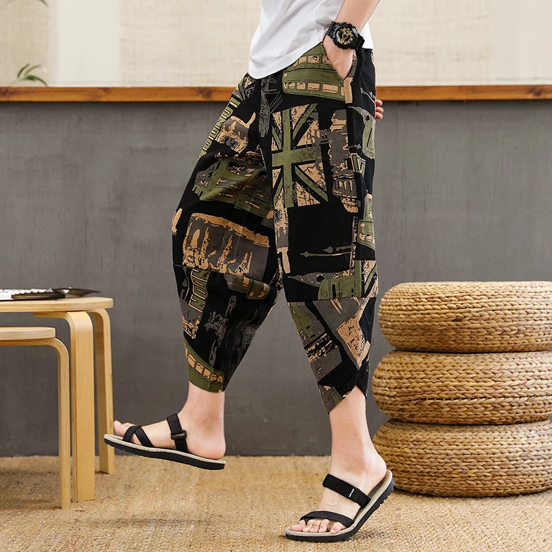 Men Harem Pants Joggers Printed Drawstring Drop-Crotch Trousers Men 2023 Summer Loose Streetwear Cotton Linen Casual Pants