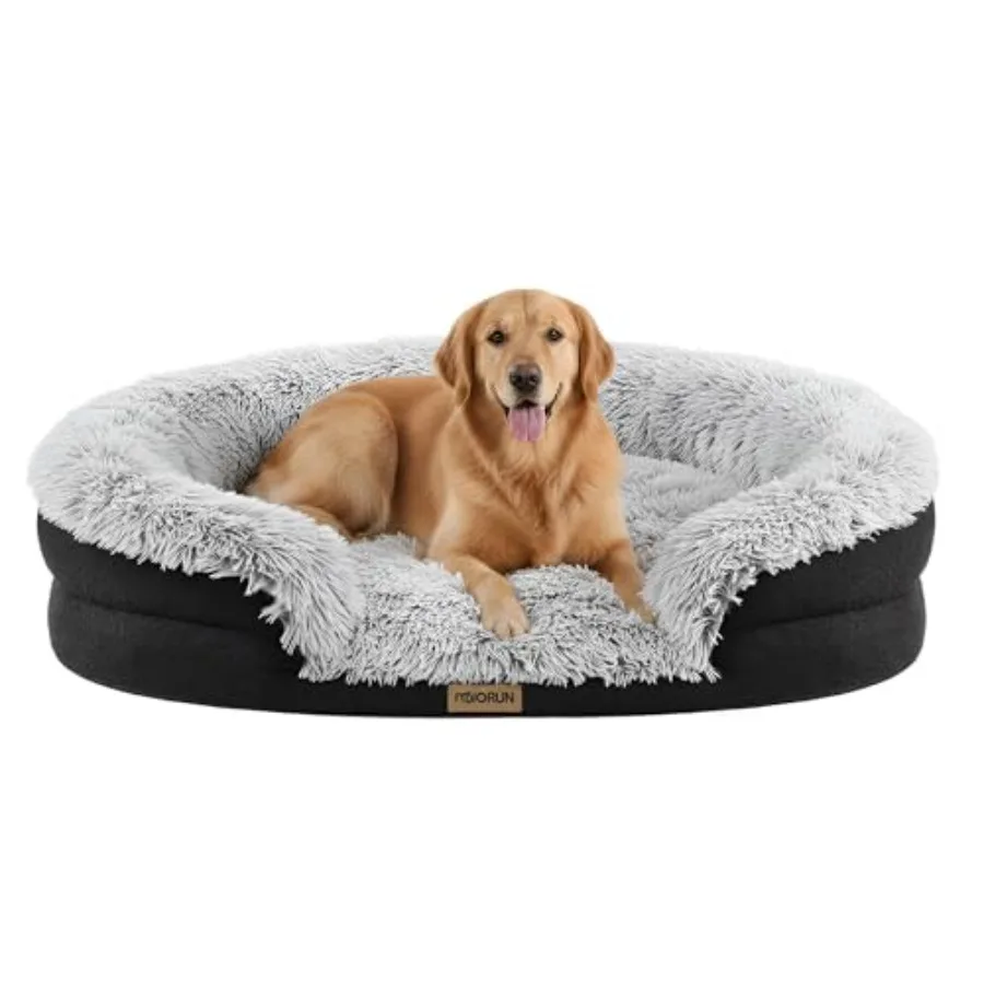 

Fluffy Orthopedic Dog Bed for Large and Extra Large Dogs Calming Plush Sofa Bed with Curved Bolster Support and Egg-Crate Foam