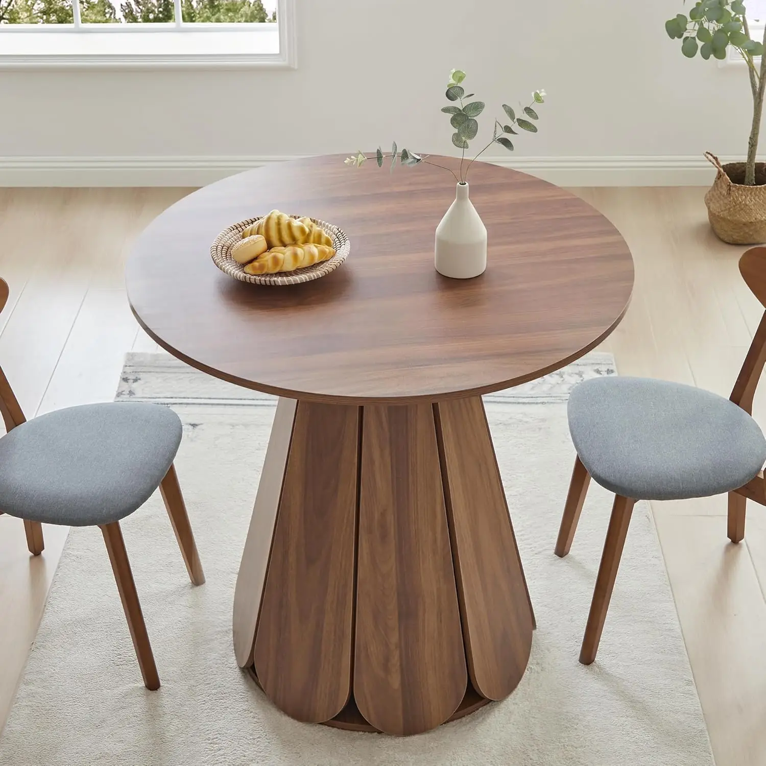 

31.5in Round Dining Table Modern Kitchen Pedestal Base Seats 2-4 Small Apartment Space Saving Wood Walnut Custom