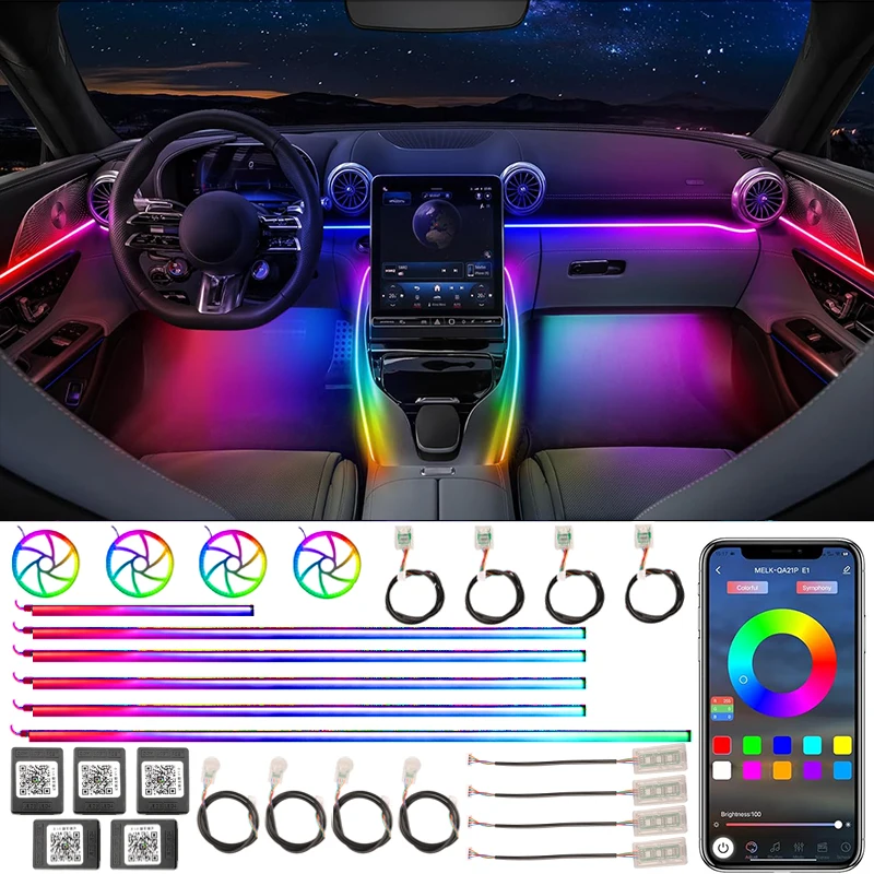 Car Acrylic Ambient Lamp Strips LED Auto Interior Accessories Remote Control App 64 RGB Rainbow Symphony Atmosphere Lights 22in1